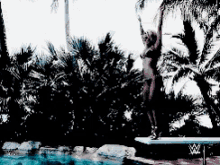 a woman in a bikini is standing on a diving board next to a pool