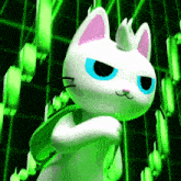 a white cat with blue eyes is standing in front of a green screen
