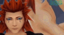 a close up of a person 's face in a video game with red hair and blue eyes .