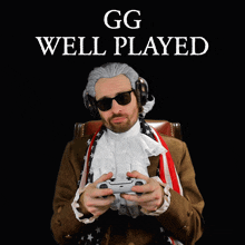 a man in a wig and sunglasses is sitting in front of a black background that says gg well played