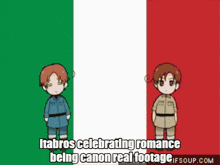 two cartoon characters standing next to each other with the caption " itabros celebrating romance being canon real footage ifsoup.com "