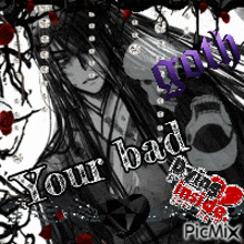a picture of a girl with long black hair and the words your bad girl