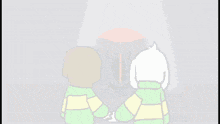 a cartoon of three characters holding hands with a red umbrella in the background