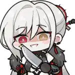 a cartoon girl with white hair is holding a knife in her mouth .