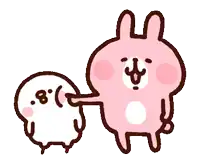a pink rabbit is petting a white rabbit with a smiley face on its face