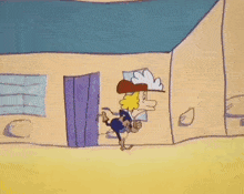 a cartoon character is running in front of a building wearing a pirate costume .