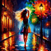 a colorful painting of a woman in a rainbow dress walking down a wet street