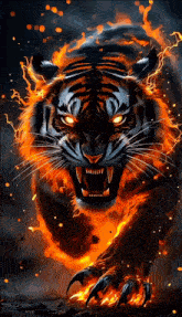 a painting of a tiger surrounded by flames and lightning