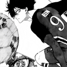 a black and white drawing of a soccer player wearing a number 9 jersey .