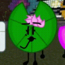 a green leaf with a pink flower on its face