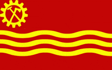 a red flag with yellow waves and a yellow gear