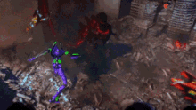 a purple robot with green arms is fighting a red robot in a video game