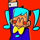 a cartoon character with blue hair and a yellow bow tie is raising his fist