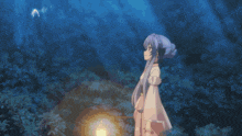 a girl with blue hair and pink eyes is smiling and holding a flower in her hand
