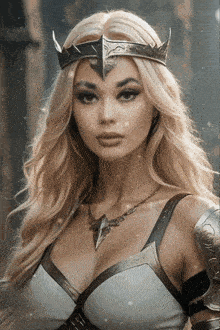 a woman with long blonde hair is wearing a crown