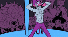 a cartoon drawing of a man in purple pants and a purple hat