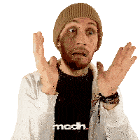 a man wearing a beanie and a white jacket with the word mcdh on it