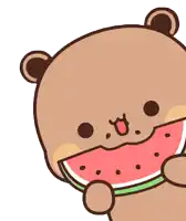 a cartoon bear is eating a slice of watermelon and smiling