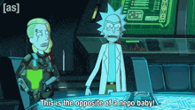 a cartoon of rick and morty saying " this is the opposite of a nepo baby "