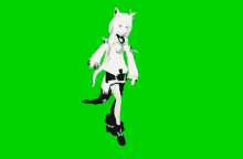 a white anime girl is standing in front of a green screen with the words `` just '' written on it .