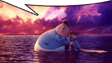 a cartoon character is floating in the water with a speech bubble .