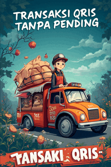 an advertisement for tansaki qris shows a girl sitting on the back of an orange truck