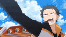 a man in a black and orange jacket is screaming in front of an orange building