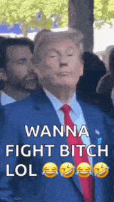 donald trump is wearing a blue suit and red tie and making a funny face .