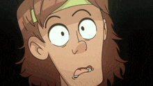 a close up of a cartoon character with a green headband on his head