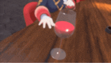 a cartoon girl is sitting at a table with her hand outstretched