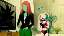 harley quinn and poison ivy are standing next to each other in a living room and harley says do it