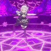a 3d anime girl is dancing on a purple stage with hearts in the background .