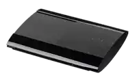 a black sony playstation 3 is sitting on a white surface