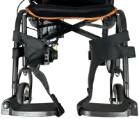 a close up of a wheelchair with a charger on the back of it