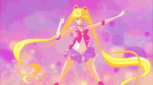 sailor moon from sailor moon is flying through the air with a lightning bolt coming out of her hand .