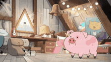 a cartoon of a pig in an attic with a disney logo on the bottom left
