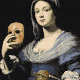 a painting of a woman holding a mask with pixiz written in the corner