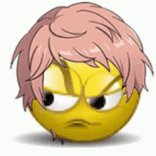 a yellow smiley face with pink hair and a serious look on its face