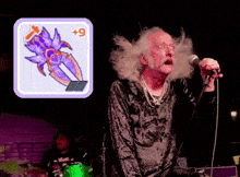 a man singing into a microphone with a picture of a sword in the background with the number 9 on it