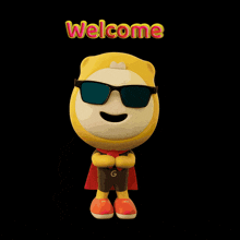 a cartoon character wearing 3d glasses and a cape says " welcome "