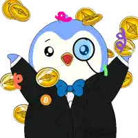 a penguin with a magnifying glass surrounded by coins and the word pengu