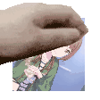 a hand is holding a picture of a girl with a microphone .