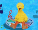 big bird is sitting on a cd surrounded by musical notes