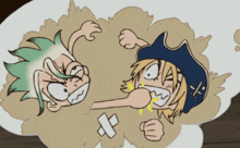 a cartoon of two people fighting with one wearing a pirate hat with a cross on it