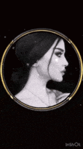 a pixel art of a woman in a circle with the word inshot below it
