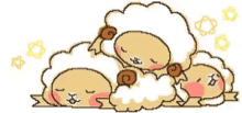 three sheep are sleeping on top of each other on a white background .