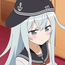 a blue haired anime girl wearing a black hat with an anchor on it