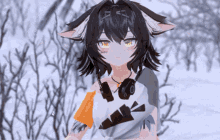 a cartoon character with headphones around her neck is standing in the snow