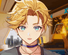 a close up of a person 's face with a choker around their neck