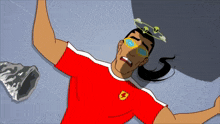 a cartoon character wearing sunglasses and a red shirt with a lightning bolt on it